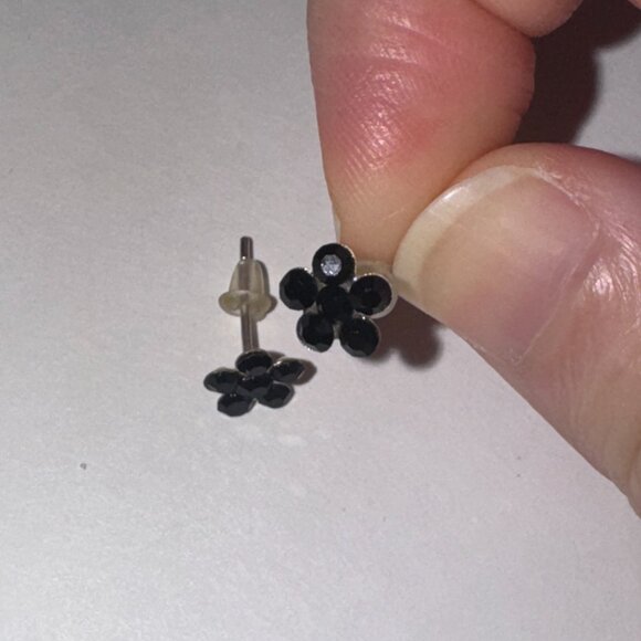 7mm Black Flower Cz And Sterling Post Earrings - Picture 2 of 9